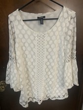 Alfani Women White Polka Dot Sheer Mesh Lace Trim Bell 3/4 Sleeve Blouse M #A picture