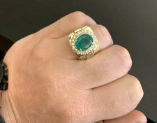 6.40Ct Natural Green Emerald and Diamond 10K Solid Yellow Gold Men's Ring Allsiz picture