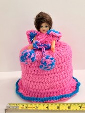 Vintage 1970s Crochet Toilet Paper Cover Doll Kitsch Bathroom Retro Pink Blue picture