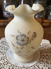 VTG FENTON WILDFLOWER On Cameo Satin Custard Glass Ruffled Vase D. Hill 1970s picture