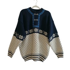 NORWOOL Norwegian 100% Wool Sweater XL Birds Eye Metal Clasps Embroidered Vtg picture