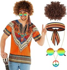 Mens 70s Hippie Costume + Afro Wig & Sunglasses Adult 60s Hippy Outfit Halloween picture