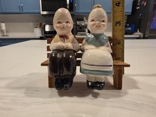 Vintage Ceramic Elderly Couple Bench Salt Pepper Shaker Japan Hand Painted picture