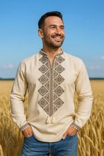 Vyshyvanka for Men Ukrainian Beige Embroidered Cotton Shirt S-XL embroidery picture