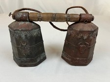 Beautiful Pair of Antiq. Indonesian Brass/Bronze Clapper Bells (Ling) /Wood Yoke picture