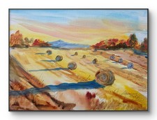 Neal Original 11x14 Impressionist Autumn Hay Bales Field Painting Signed Canvas picture