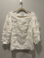 Joie White Ruffle Fringe Blouse Women’s Size M Fuzzy Mod Wavy picture