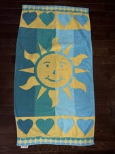 Vintage Celestial Beach Towel Blue Yellow Trimmed Double Sided Hearts 90s  picture