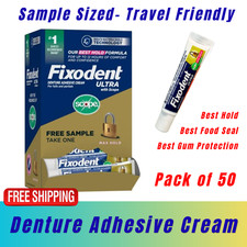 Fixodent Ultra Denture Adhesive Cream Tubes 0.35oz, 50/Pack, Travel Size Samples picture
