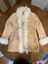 Vintage Y2K Tan Genuine Leather Faux Fur Collar Long Coat Jacket Women’s Medium picture