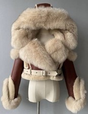 Luxury Women’s Fur Jacket – Fox Fur Hooded Belted Sheep Shearling Leather Coat picture