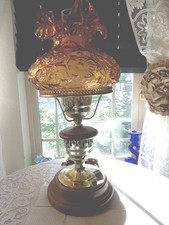 Vintage Fenton Amber Poppy Glass Wood Lamp GORGEOUS SHADE 1960