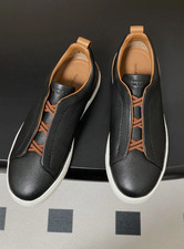 Men's Zegna Triple Stitch Low Top Black Pebbled Leather Slip On Casual Shoes picture