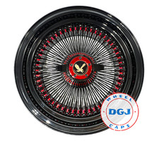 DGJ WHEEL 13x7 Rev 100 Spoke All Black w/ Red Nip+Hub Ring Lowrider Wire Wheels picture