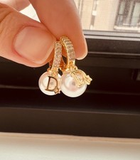 Vintage Christian Dior Gold Tone Crystal Faux Pearl Dangle Pieced Earrings picture