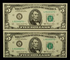 FR 1977-L* $5 1981 A FR Notes US - 2 Consecutive Star Notes - AU++ - SKU-CA1910 picture