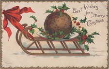 Antique Ellen Clapsaddle Embossed Christmas Postcard- Christmas Pudding on Sled- picture