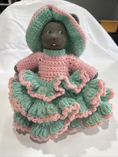 Vintage Unique Handmade Crocheted Bed Mouse Aqua &Pink Southern Bell Ruffle Gown picture