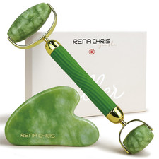 Rena Chris Gua Sha and Face Roller Set: Anti-Breakage Jade Roller for Long-Lasti picture