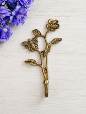 Antique Brass Flower & Bee Metal Wall Hook Key Towel Coat Hanger Lightweight 6 “ picture