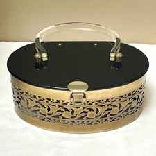 Vintage 1950s Black Lucite Silver-Tone Metal Filigree Box Purse Handbag picture