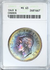 1949 Canada Silver Dollar $1 ANACS Soapbox MS63 - RAINBOW TONED picture