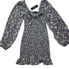 NWT Lulus See Me Bloom Dusty Blue Floral Print Smocked Long Sleeve Dress Size S picture