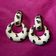 Vintage Signed Ciner Cream Enamel Multi-Color Rhinestone Hoop Earrings picture