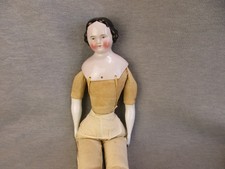 Antique German China Head Doll Molded Black Hair Cloth Body China Arms 1800s picture