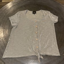 W5 Anthropologie Top Womens Large Grey White Stripe Fringe Whimsical Boho EUC picture