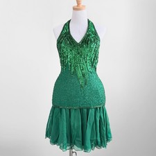 VTG 80’s SHO MAX ORIGINALS Emerald Green Silk Beaded Drop Waist Mini Dress Sz M picture