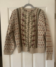 Vintage Woolrich Women's M Wool Knit Floral Heavyweight Button Cardigan Beige picture