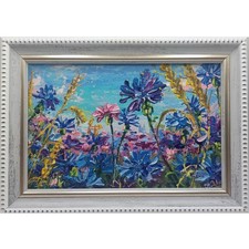 Original Miniature Oil Painting Wildflowers Blue Cornflowers Floral Art Small picture