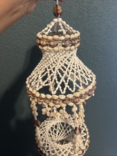 Vtg Cowrie Puka Seashell Hanging Basket Plant Holder Boho Beach Cottage 24” picture