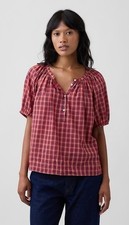 NWT Gap Oversized Puff Sleeve Top, Sz XL, Red Plaid, Peasant Boho Coastal  picture