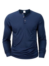 Men's Cotton Henley Shirt Long Sleeve Solid Color Casual Tee New picture