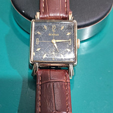 Benrus Vintage 1940s Rectangle Manual Wind Gold Plated Black Dial Leather picture