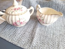 Vintage W.S. George Peach Blossom Bolero Sugar Bowl with Lid and Creamer Set picture