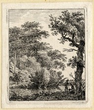 Antique Master Print-LANDSCAPE -LARGE TREE-TWO MEN-Hermanus Fock-ca. 1790 picture