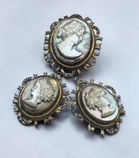 Victorian Era 800 Silver Cameo Brooch Parure w/ Marcasite & Gold Rope Accents picture