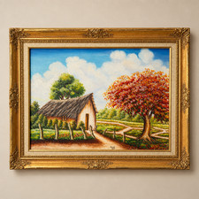 Vintage 1984 Signed OilVintage 1984 Signed Oil on Canvas Tropical Cottage Landsc picture