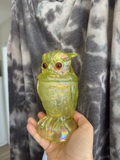 Very rare Summit / Imperial Glass Candy Jar Owl Vaseline Uranium Iridescent Mint picture