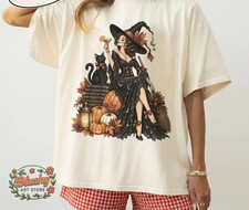 Vintage Witch Halloween Shirt, Black Cat Witch Tee, Gothic Fall Graphic Shirt picture