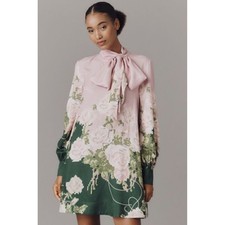 NWT Anthropologie Caroline Tie-Neck Mini Dress by Maeve XS Pink & Green Floral picture