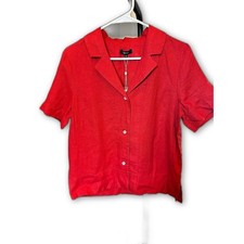 Quince Women's Button-Up Shirt Medium Red European Linen Short Sleeve picture