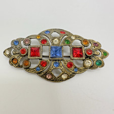 Vintage Edwardian Revival Art Deco Style Brooch Multicolor Rhinestones 2.5