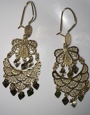 14K Yellow Gold Filigree Chandelier Dangle Heart Earrings 7.3G picture