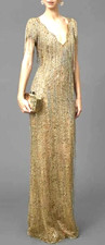 New MARCHESA Couture Sequin Fringe Embroidered Gold Long Evening Gown Dress 4 picture