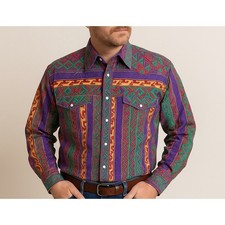 Vintage Aztec Western Shirt Mens XL Tall Multicolor Tribal 90s Pearl Snap Rode picture
