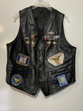 Mens LANGLITZ LEATHERS Vintage Patched Snap Motorcycle Leather Vest Sz 42 picture